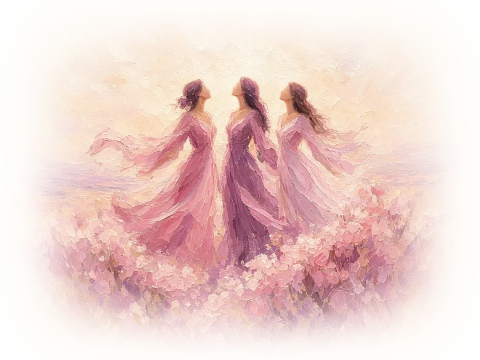 Painting of three women in rose and plum gowns among blooms