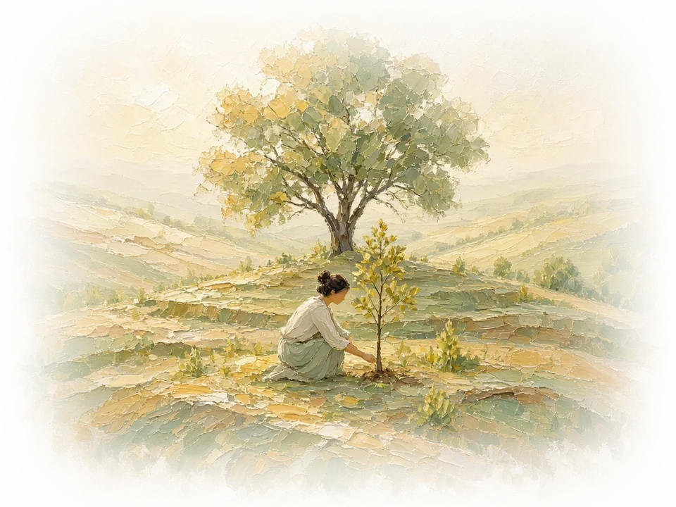 Painting of a figure tending a sapling, with a tree and green terraces