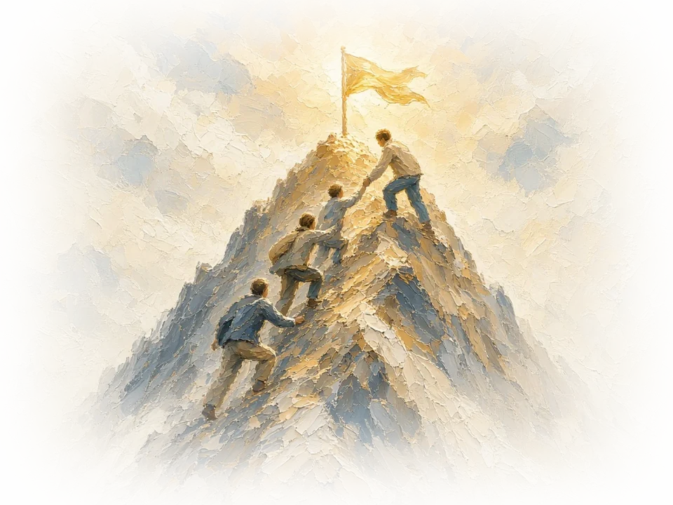 Painting of people climbing a mountain toward a gold flag