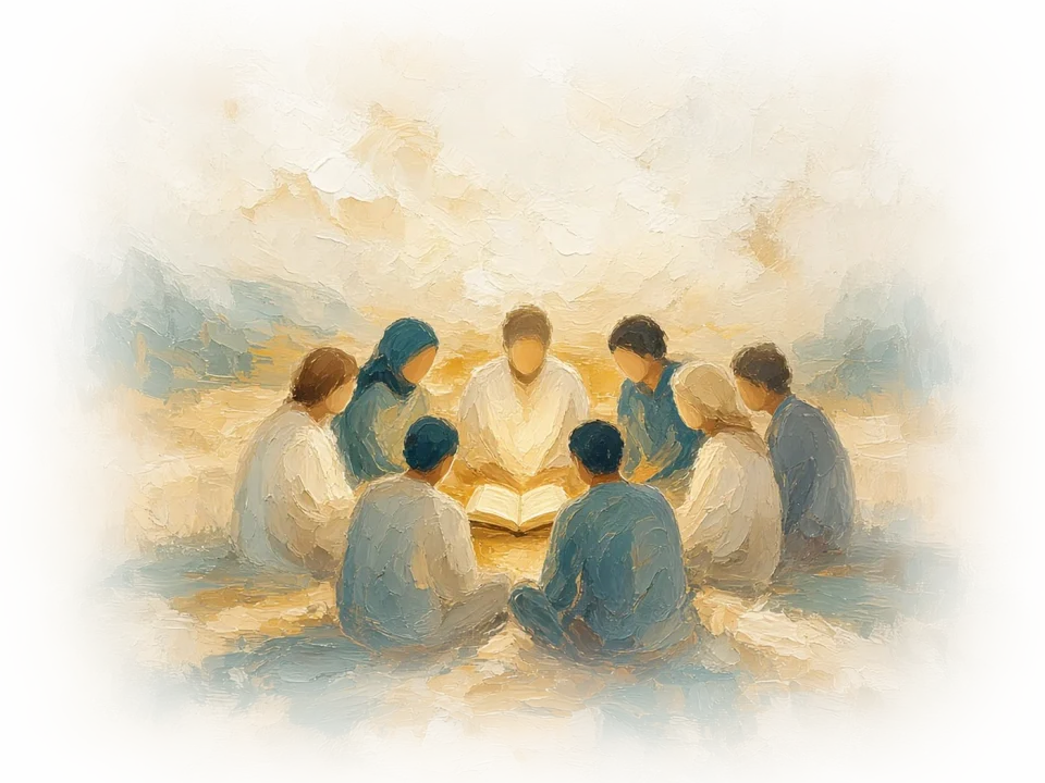 Painting of a circle of people around a glowing open book